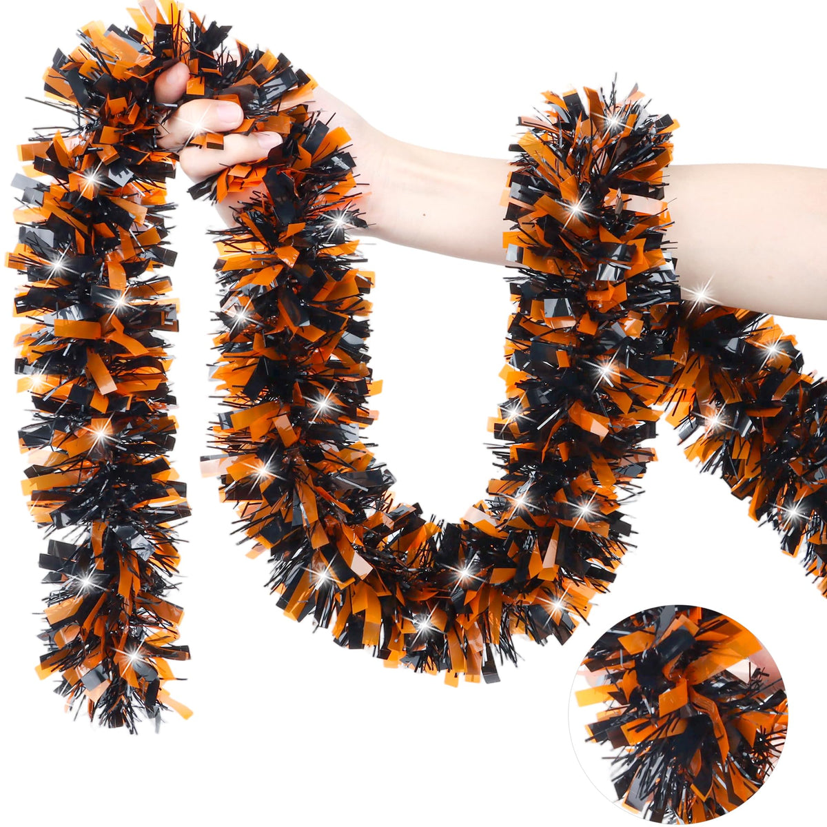 50FT Halloween Decorations Tinsel Garland, Shiny Orange‑Black Metallic Twist Streamers Garland for Halloween Party Supplies Decor Indoor Outdoor Mantle Fireplace Porch Yard Tree Home