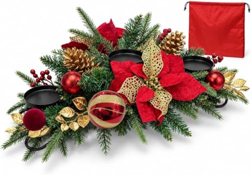 30" Christmas Table Centerpiece Iron Candle Holder with 3 Holders | Red Poinsettias, Gold Pinecones, Berries & Ornaments, Foldable Metal Frame with Storage Bag for Tabletop & Mantel Holiday Dec