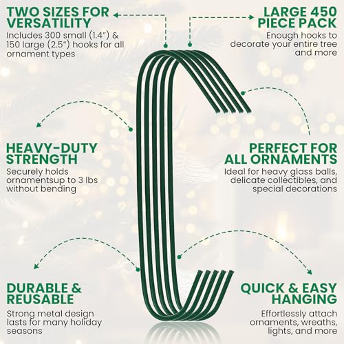 Iconikal 450 Pack Heavy Duty Green Christmas Tree Ornament Hooks 1.4 & 2.5"