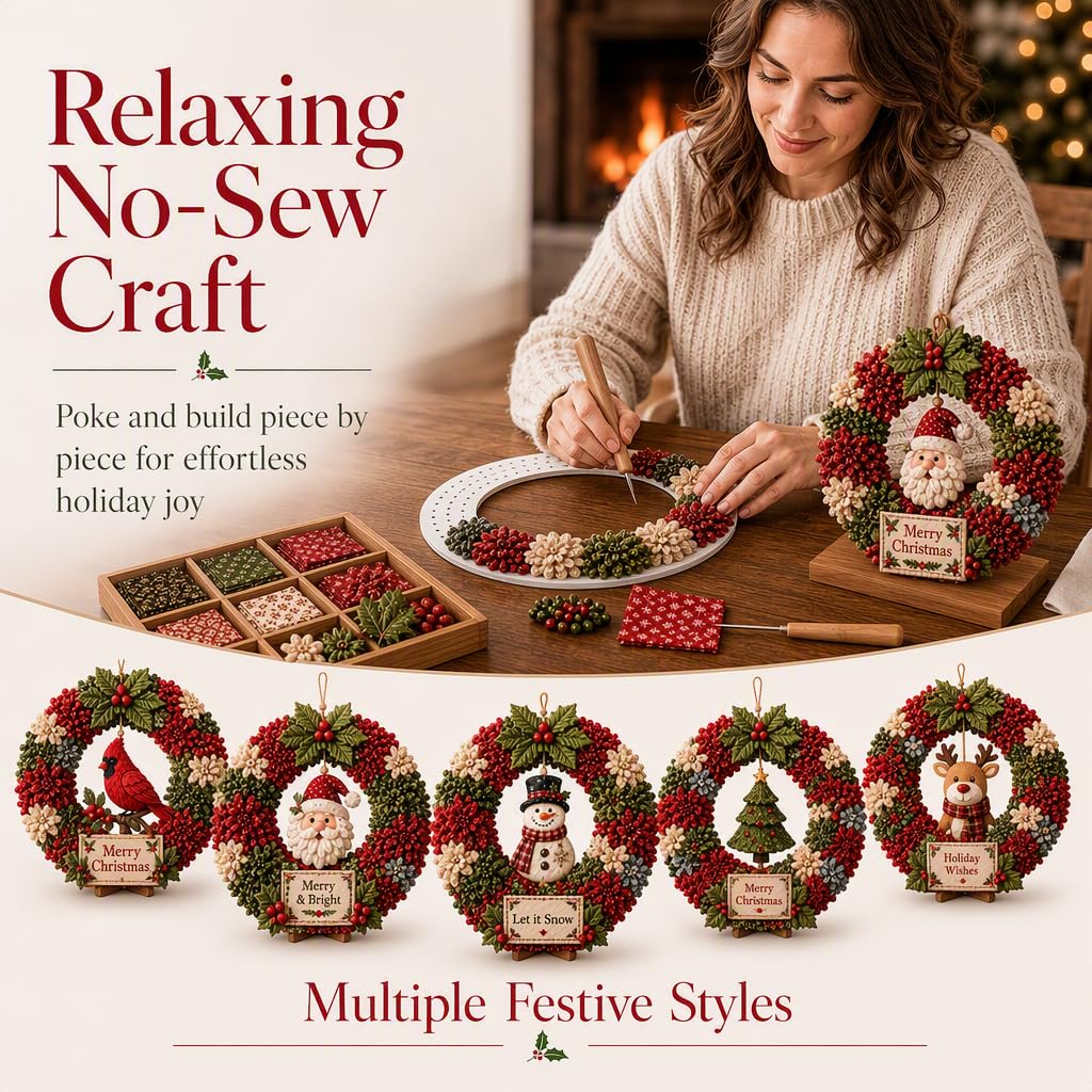 3D Fabric Poke Wreath DIY Kit Christmas Wreath No Sew Craft (13- Gnome) | Creative Poke Art Kits for Adults as a Gift or for Cozy Family Craft Time