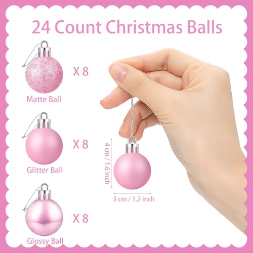 24 Count Mini Pink Ornaments for Mini Christmas Tree, Small Shatterproof Christmas Tree Ornaments Balls Party Decorations, 1.2 Inch