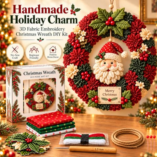 3D Fabric Poke Wreath DIY Kit for Adults, Christmas Santa No-Sew Craft | Beginner-Friendly No-Sew 3D Fabric Poke Art Kit, Festive Santa Wreath for Door Wall Window Home Christmas Decor