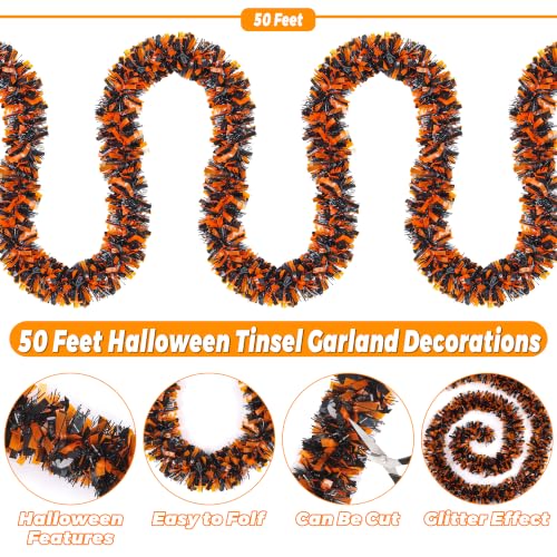 50FT Halloween Decorations Tinsel Garland, Shiny Orange‑Black Metallic Twist Streamers Garland for Halloween Party Supplies Decor Indoor Outdoor Mantle Fireplace Porch Yard Tree Home
