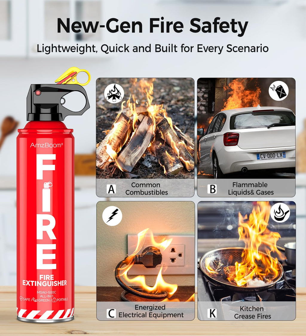 Fire Extinguisher for Home 1Pack, Kitchen, Car, and Grill,Compact Water-Based A, B, C, K Extinguisher with 6-Year Warranty and Easy Storage.