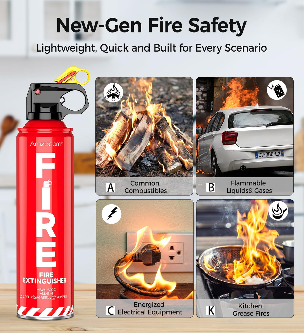 Fire Extinguisher for Home 1Pack, Kitchen, Car, and Grill,Compact Water-Based A, B, C, K Extinguisher with 6-Year Warranty and Easy Storage.