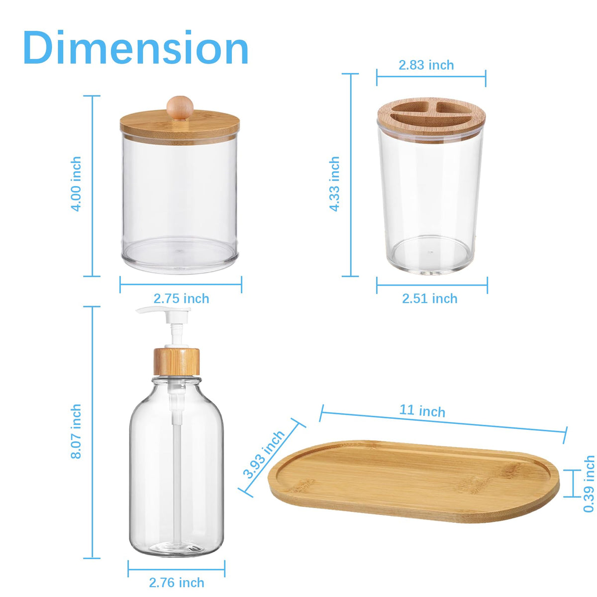 5 Pack Bamboo Bathroom Accessories Set with Tray - Plastic Soap Dispenser Clear Toothbrush Holder and 2 Qtip Holder Cotton Ball Container Jar