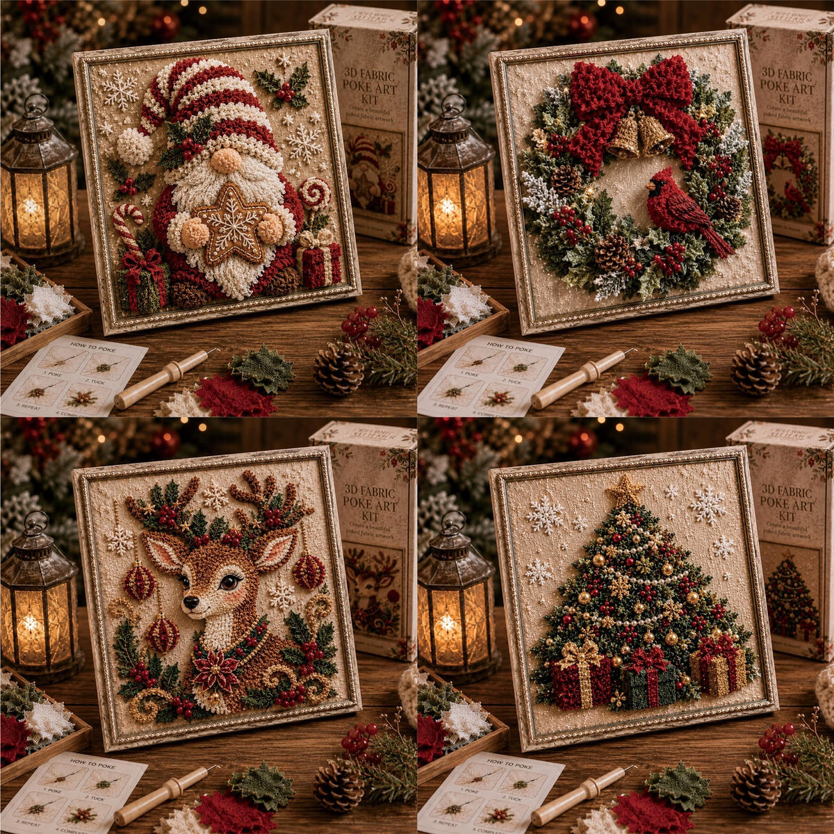 3D Christmas Fabric Poke Art Kit with Frame, Craft Fabric Punch Needle Kit | 3d Christmas Fabric Poke Art Kit with Frame, No-Sew Craft Fabric Poke Art for Adults Santa Punch Needle Kits Home Decor
