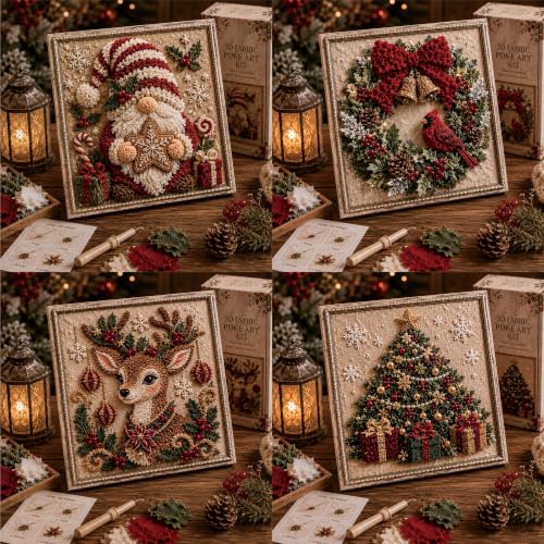 3D Christmas Fabric Poke Art Kit with Frame, Craft Fabric Punch Needle Kit | 3d Christmas Fabric Poke Art Kit with Frame, No-Sew Craft Fabric Poke Art for Adults Santa Punch Needle Kits Home Decor