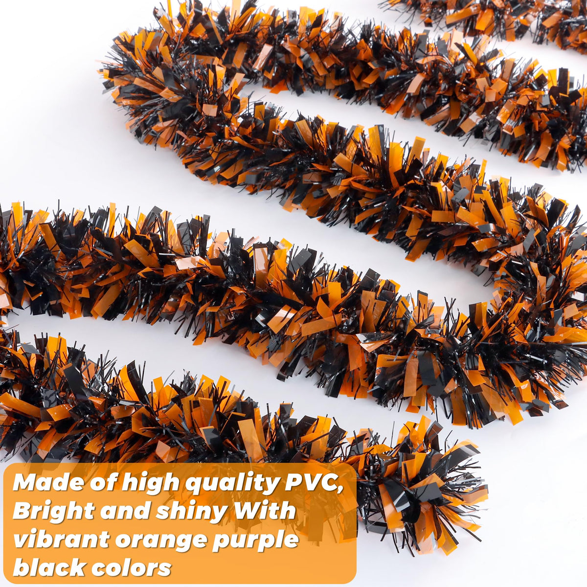 50FT Halloween Decorations Tinsel Garland, Shiny Orange‑Black Metallic Twist Streamers Garland for Halloween Party Supplies Decor Indoor Outdoor Mantle Fireplace Porch Yard Tree Home
