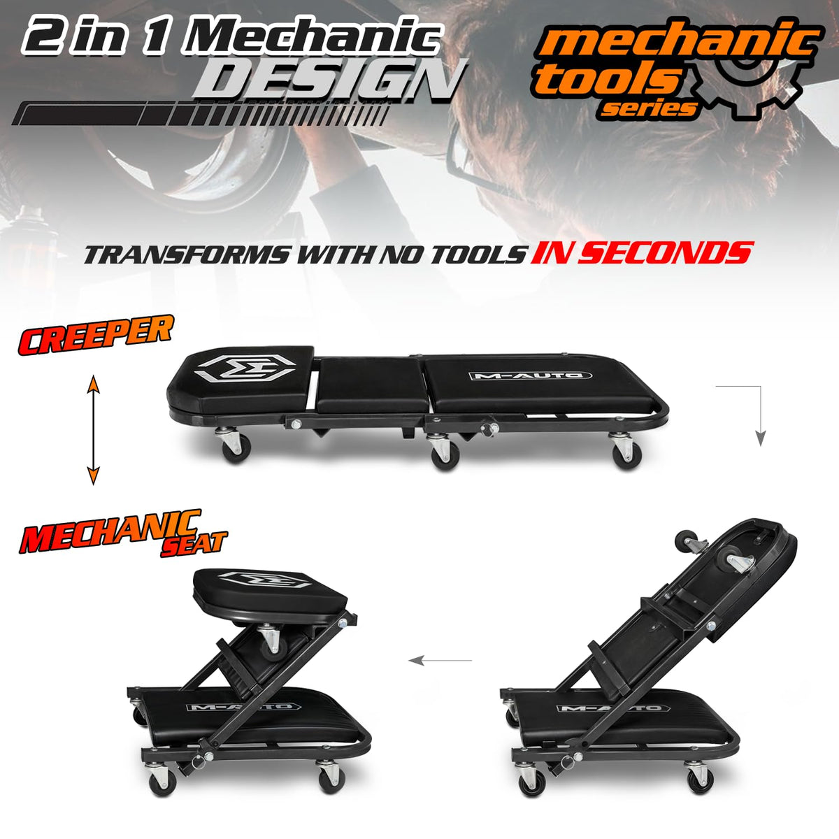 M-AUTO Foldable Z Creeper 2-in-1 Rolling Folding Car Creeper & Seat, 36" Adjustable Roller Garage Chair Lay Down or Sit, 330LBS Capacity Under Car Roller Creeper with 6 Swivel Casters, Black