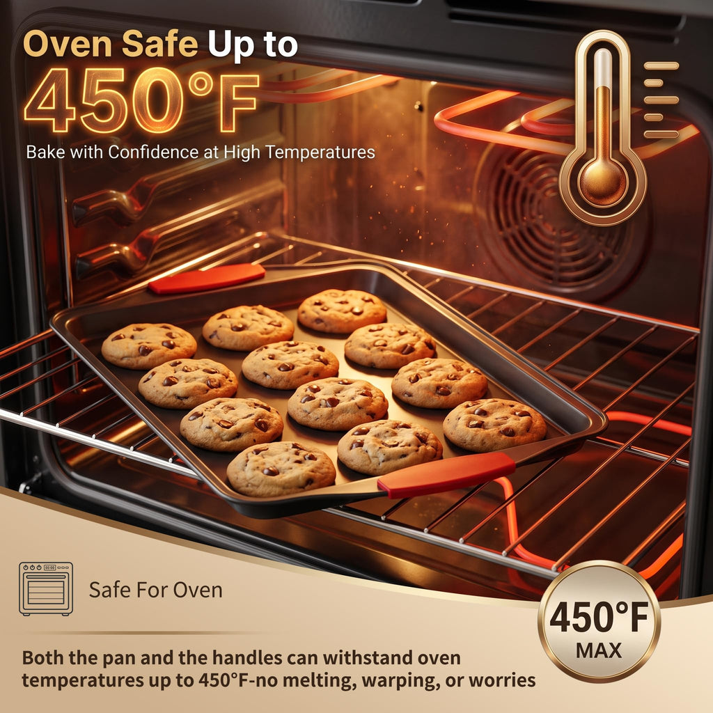 4-Piece Nonstick Carbon Steel Baking Sheet Set, Small Medium Large Rimmed Oven Pans with Red Heat-Resistant Silicone Handles & Bonus Spatula for Cookies, Cakes, Pizza & Home Baking