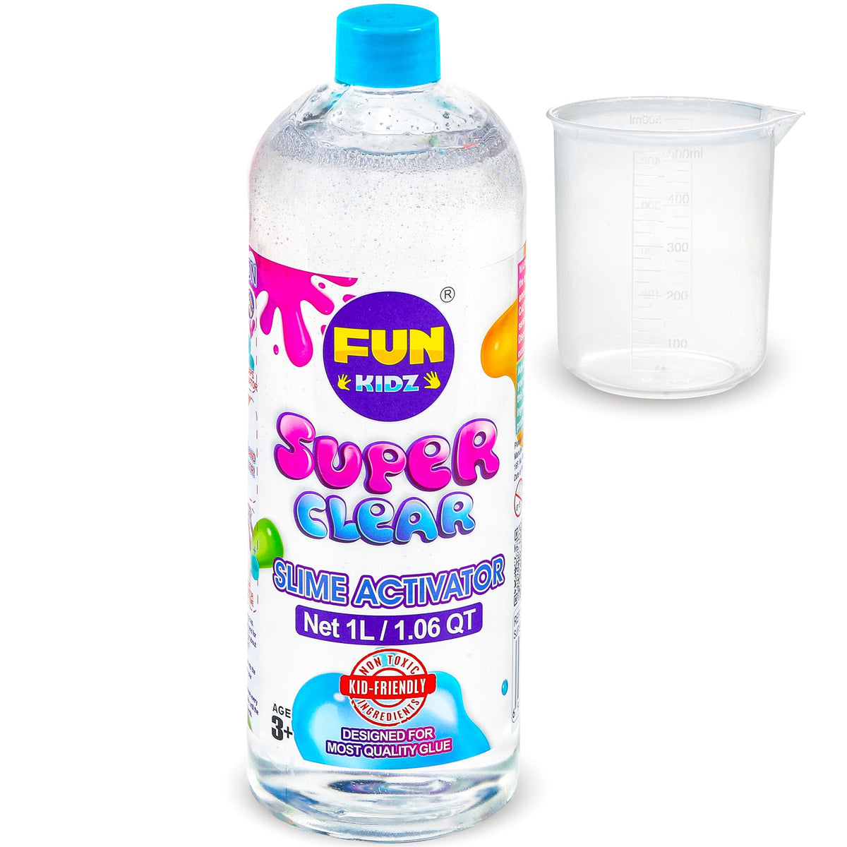 1.06QT Super Clear Slime Activator 34OZ Solution with Plastic Measuring Cup, FunKidz 1L Fine Formulation Work with All Types Slime Glue Washable Non-Toxic Kids Friendly Ingredients