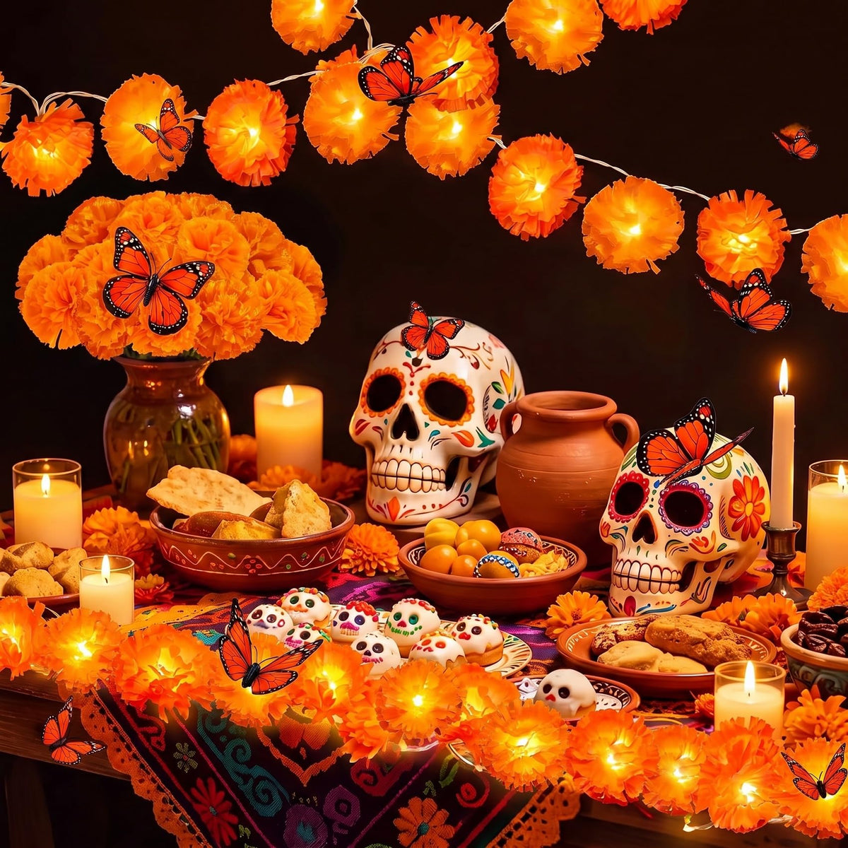 73 Pcs Day of The Dead Decor, Dia De Los Muertos Decorations Ofrenda Set | 10 Ft 20 LED Marigold Garland, 30 Marigold Flowers with 30 Stems, 12 Butterfly for Diwali Indian Altar Halloween Party