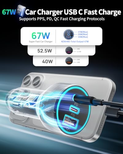 67W 3-Port Super Fast Type C Car Charger USB C for Samsung S26 S25 S24 S23 | for iPhone 18/17 Pro Max,Android, Cigarette Lighter USB Charger Car Phone Adapter Accessories for Men Women + 3FT USB-C Cable