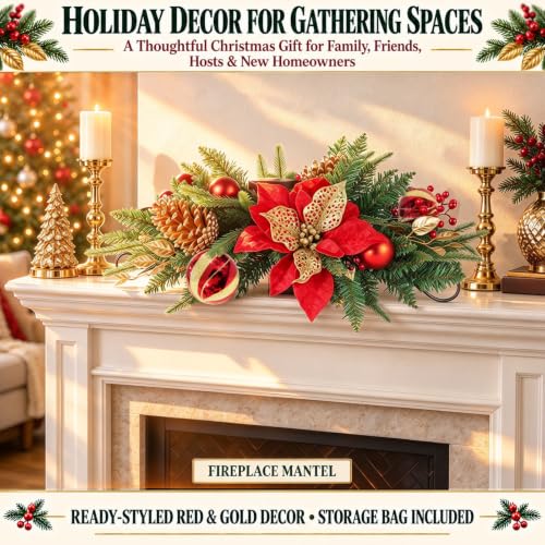 30" Christmas Table Centerpiece Iron Candle Holder with 3 Holders | Red Poinsettias, Gold Pinecones, Berries & Ornaments, Foldable Metal Frame with Storage Bag for Tabletop & Mantel Holiday Dec