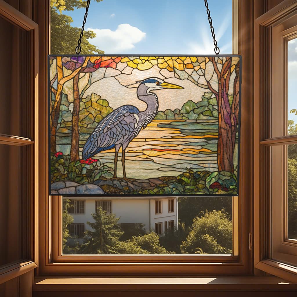 365CUSGIFTS Customized Rectangle Botanical Blue Heron Stained Glass Suncatcher Window Hangings, Suncatchers Glass Panel Sun Catchers Gifts Home Decor Garden Christmas Halloween Wedding