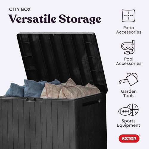 Keter City 30 Gal Outdoor Storage Box and Patio Side Table | Grey, Resin, Compact, Waterproof, Lockable, Easy Assembly, Organization, Pool Accessories Storage