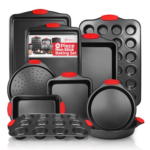 PERLLI Non-Stick 10-Piece Baking Pan Set, BPA-Free Carbon Steel Bakeware Set with Silicone Handles, Stackable Kitchen Oven Set, Cookie Sheet, Baking Tray, Baking Sheet Set, Oven Safe (446°F)