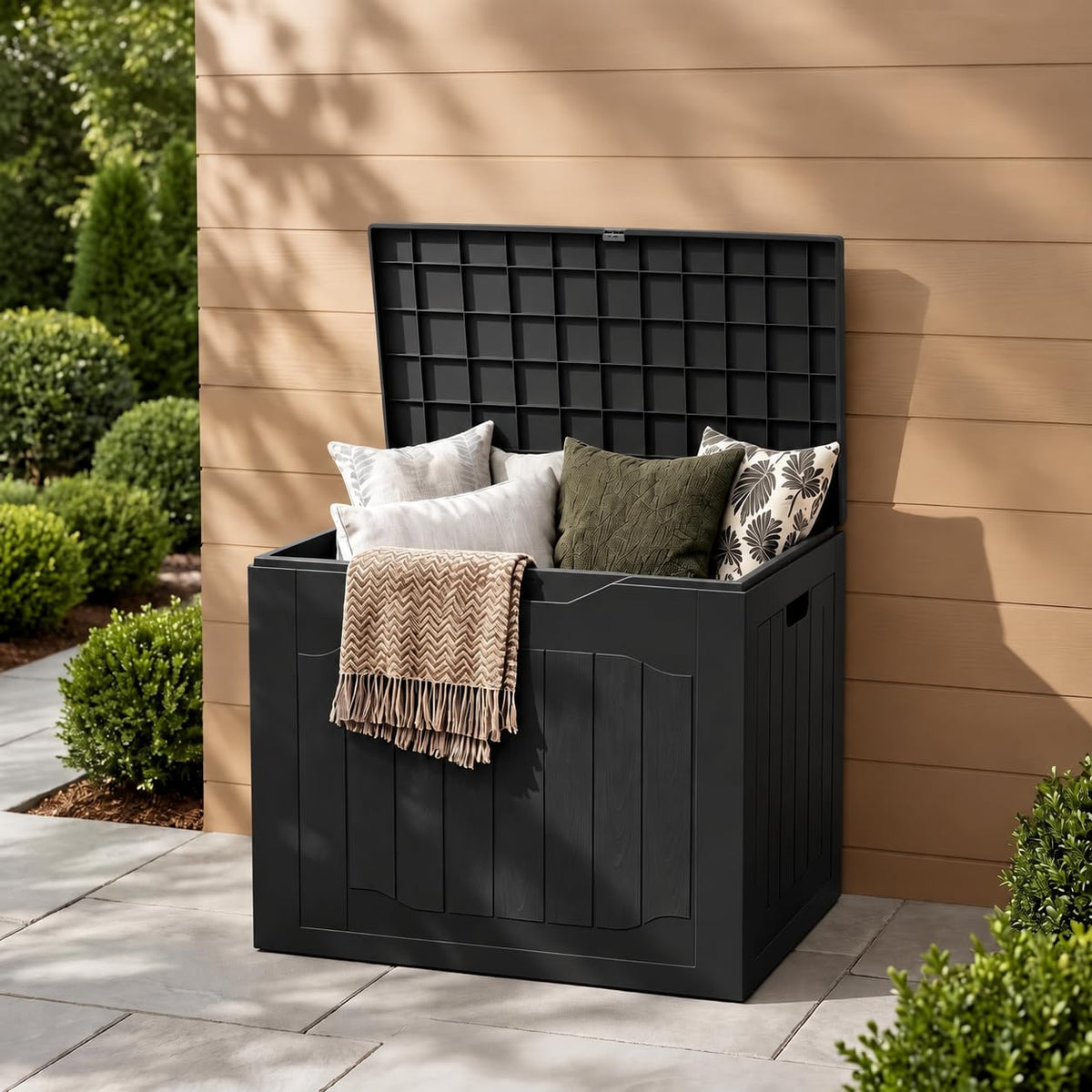 35 Gallon Outdoor Deck Box Lockable Waterproof Resin Patio Storage Box | Storage Container, UV-Resistant for Garden Tools, Pool Accessories & Patio Cushions, Black