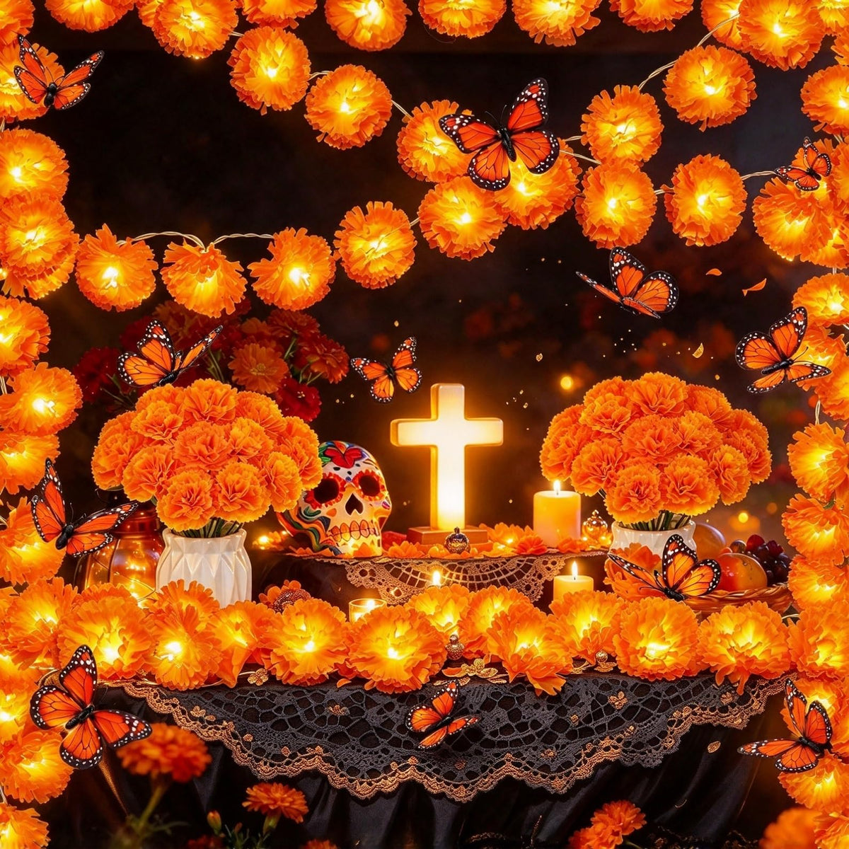 73 Pcs Day of The Dead Decor, Dia De Los Muertos Decorations Ofrenda Set | 10 Ft 20 LED Marigold Garland, 30 Marigold Flowers with 30 Stems, 12 Butterfly for Diwali Indian Altar Halloween Party