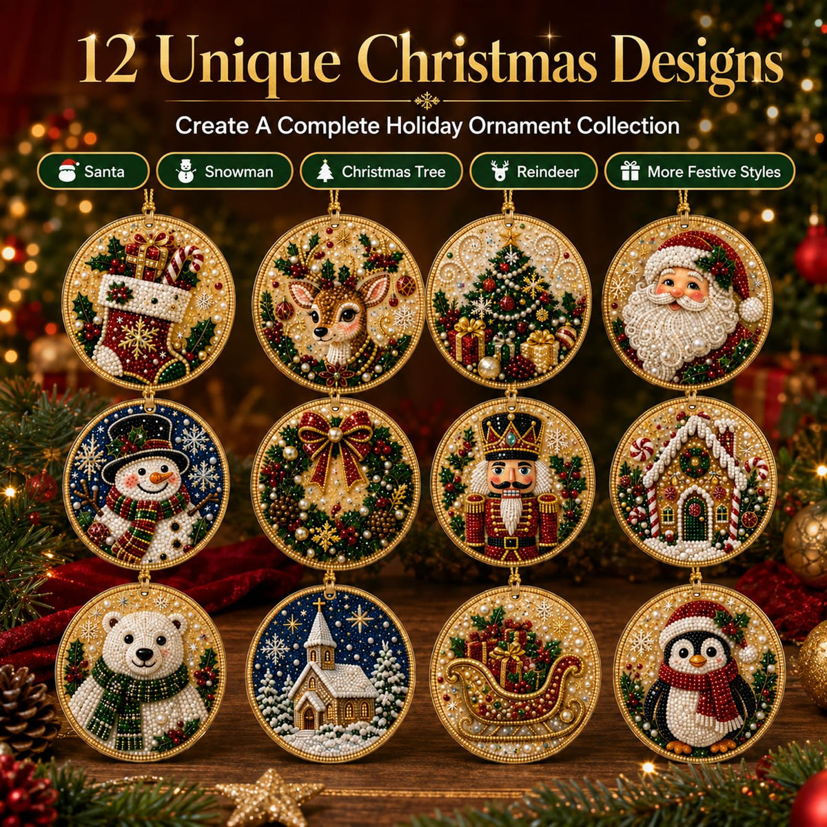12-Piece Acrylic Christmas Ornaments DIY Pearl Diamond Art Kit for Adults | Hanging Rhinestone Craft Special-Shaped Resin Gems Jute Twine Jesus Santa Claus Snowman Cat Dog Designs Holiday Decor Gift
