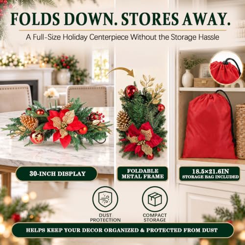 30" Christmas Table Centerpiece Iron Candle Holder with 3 Holders | Red Poinsettias, Gold Pinecones, Berries & Ornaments, Foldable Metal Frame with Storage Bag for Tabletop & Mantel Holiday Dec