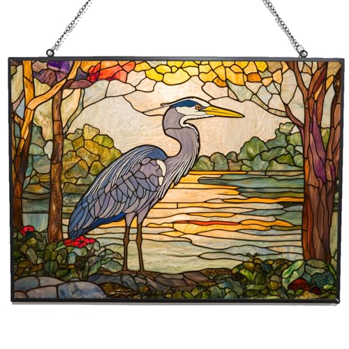365CUSGIFTS Customized Rectangle Botanical Blue Heron Stained Glass Suncatcher Window Hangings, Suncatchers Glass Panel Sun Catchers Gifts Home Decor Garden Christmas Halloween Wedding