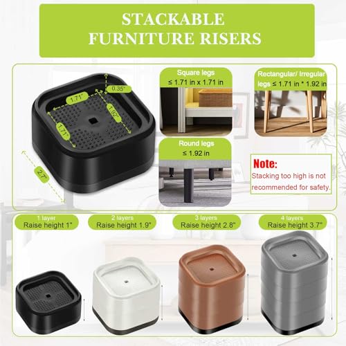 8 Pack Furniture Risers 1 or 2 Inch, Adjustable Bed Risers Heavy Duty For Table Desk Couch Chair Sofa Cabinet Bed Legs Dorm, Square Stackable Bed Raisers Blocks Lift Height 1", 2" or 3", Black