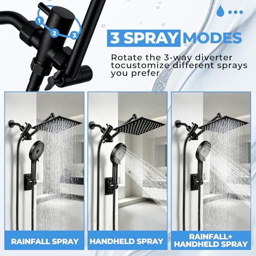 Shower Head, 8 inch Multifunction High Pressure Rain Shower Head with Handheld Spray Combo with 11'' Angle Adjustable Extension Arm/Flow Regulator/Shower System Matte Black