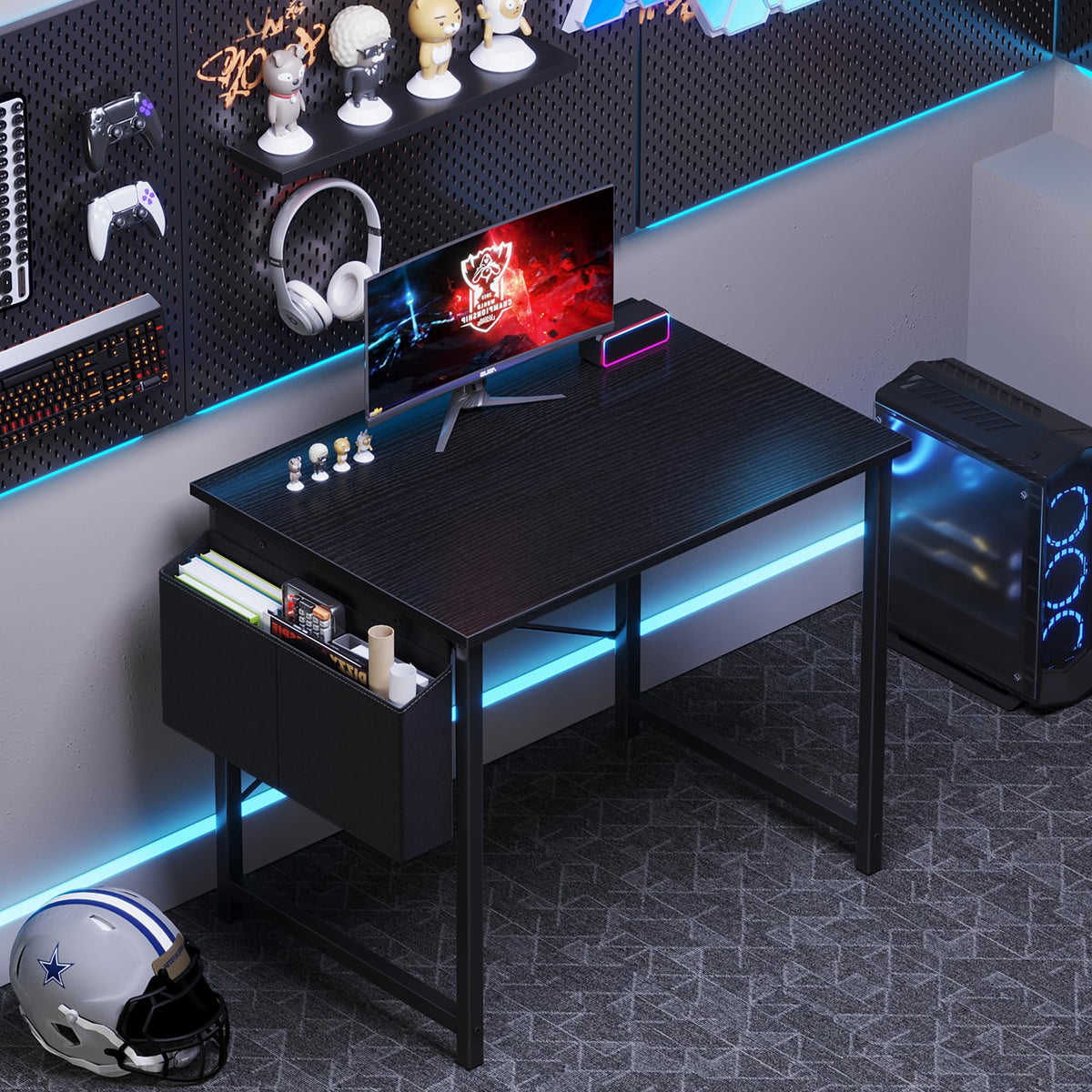 Sweetcrispy Small Computer Desk, 31 Inch Home Office Desks, Writing Study Craft Work Gaming Table, Computer Workstation for Small Spaces with Storage Bag for Bedroom, Black