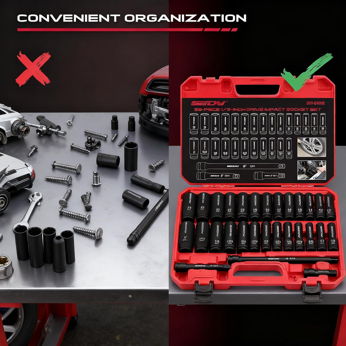 29-Piece 1/2" Drive Impact Socket Set, SAE (3/8 to 1 inch) and Metric (10-24mm) Sizes with Extension Bars Standard Deep Socket Set CR-V Material High Durability Impact Wrench