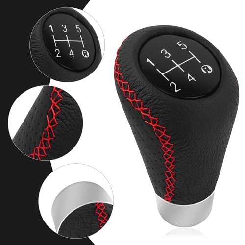 Car Gear Shift Knob with 4 Adaptive Parts,Leather 5 Speed Shift Knobs for Replacement Broken Shifter Knobs,Universal Non-Slip Manual Shift Knob Car Interior Accessories for Most Vehicles (Black/Red)