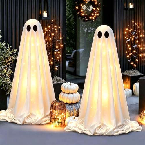 2 Pack 5 Ft Halloween Decorations Outdoor - Light Up Ghost Decor | Spooky DIY Standing Decor Set with Small Accessories, 8 light modes with timer for Front Yards, Gardens, Lawn and Party