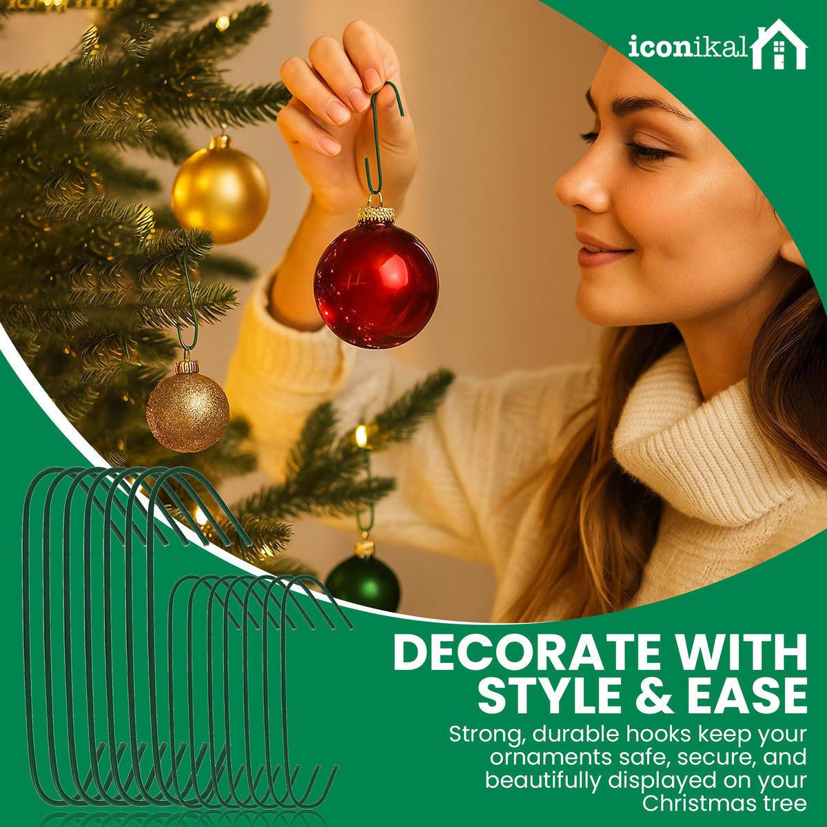 Iconikal 450 Pack Heavy Duty Green Christmas Tree Ornament Hooks 1.4 & 2.5"