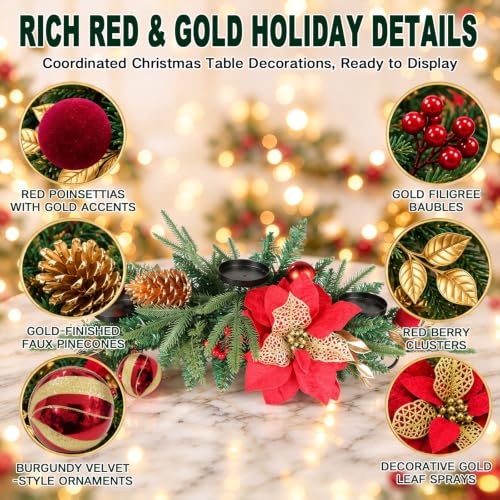 30" Christmas Table Centerpiece Iron Candle Holder with 3 Holders | Red Poinsettias, Gold Pinecones, Berries & Ornaments, Foldable Metal Frame with Storage Bag for Tabletop & Mantel Holiday Dec