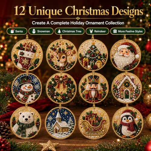 12-Piece Acrylic Christmas Ornaments DIY Pearl Diamond Art Kit for Adults | Hanging Rhinestone Craft Special-Shaped Resin Gems Jute Twine Jesus Santa Claus Snowman Cat Dog Designs Holiday Decor Gift