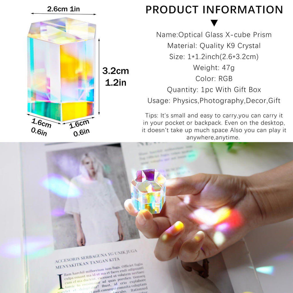 1.2'' Optical Glass RGB Dispersion Prism X-Cube for Physics Teaching Gift | Prisma,Rainbow Prism,Crystal Cube Prism,Photography Props