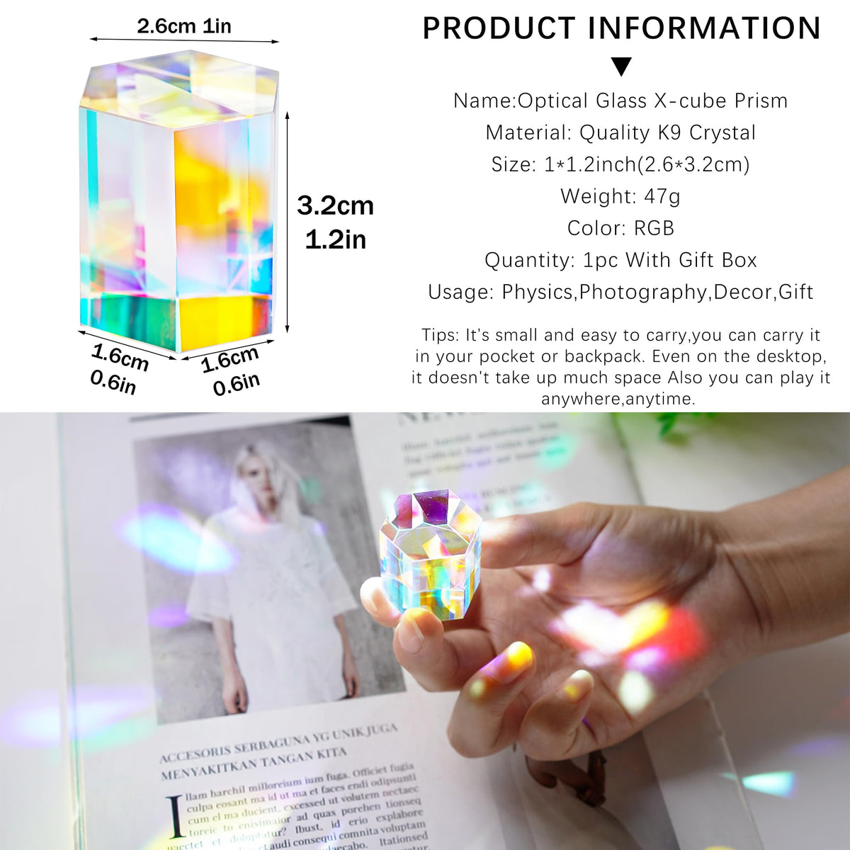 1.2'' Optical Glass RGB Dispersion Prism X-Cube for Physics Teaching Gift | Prisma,Rainbow Prism,Crystal Cube Prism,Photography Props