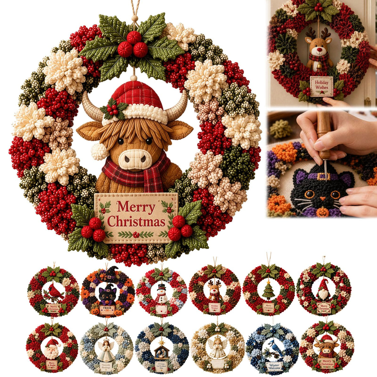 3D Fabric Poke Wreath DIY Kit Christmas Wreath (Highland Cow) | 3D Fabric Poke Art Craft Kit for Christmas fabric Holiday Wreath Making Kit Door Wall & Decor