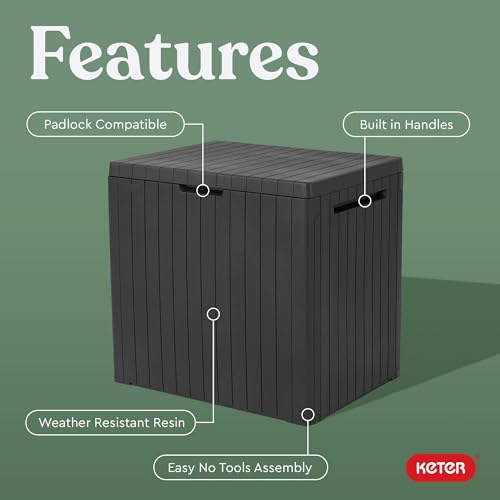 Keter City 30 Gal Outdoor Storage Box and Patio Side Table | Grey, Resin, Compact, Waterproof, Lockable, Easy Assembly, Organization, Pool Accessories Storage