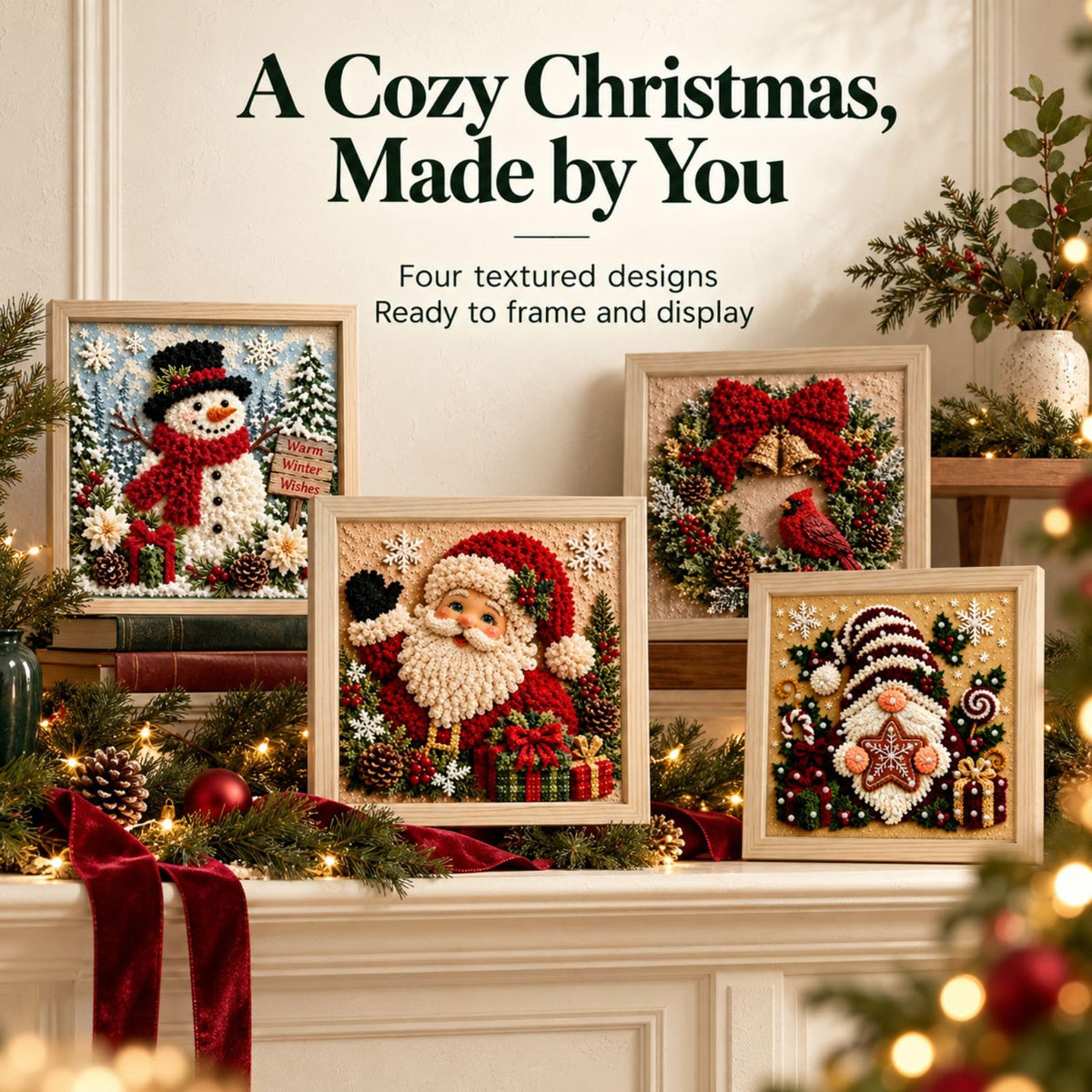 3D Christmas Fabric Poke DIY Art Kit for Adults & Beginners with Fram | Craft Fabric Punch Needle Kit for Mantel Shelf Tabletop Indoor Home Xmas Decor, Thoughtful Handmade Gifting
