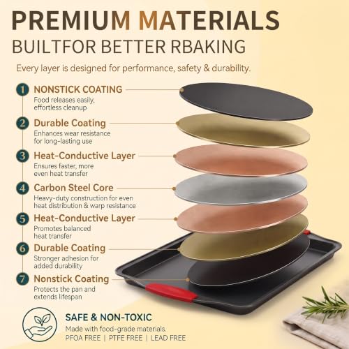 4-Piece Nonstick Carbon Steel Baking Sheet Set, Small Medium Large Rimmed Oven Pans with Red Heat-Resistant Silicone Handles & Bonus Spatula for Cookies, Cakes, Pizza & Home Baking