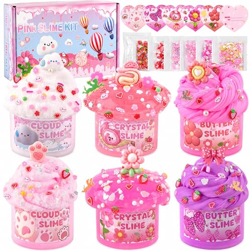 6-Pack Pink Slime Kit for Girls, Cloud Butter Squishy Birthday Gift Set | Party favor, goodie bag stuffer, Easter basket filler and sensory toy for kids ages 4-10