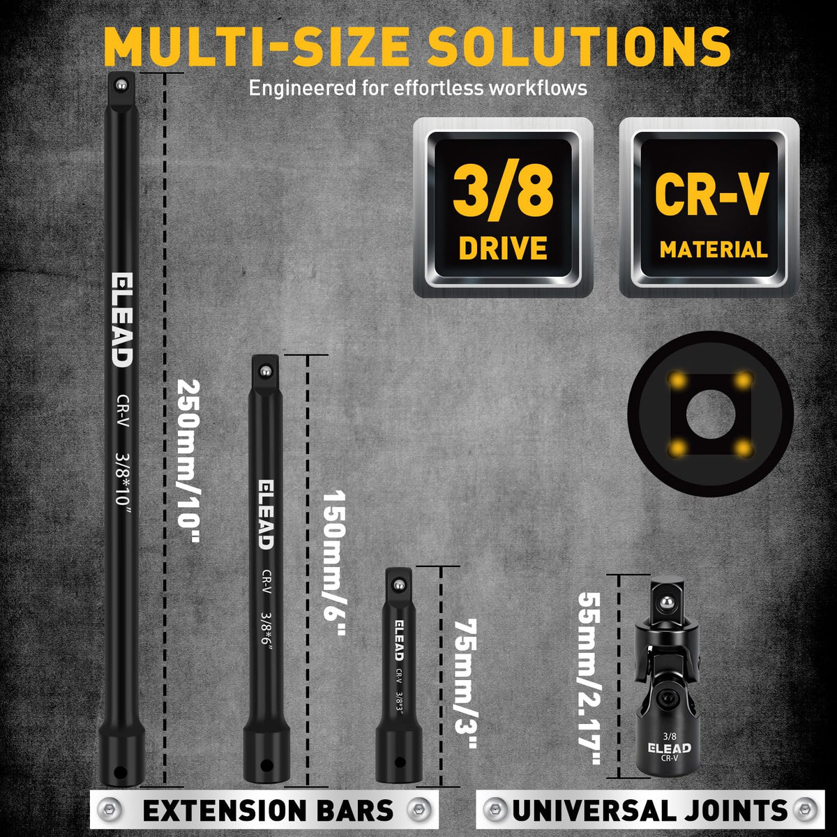 4-Piece 3/8" Drive Socket Extension Bar Set, 3, 6, 10 inch Professional Extension Set, 3/8 Inch Drive Universal Joint Socket, Premium Cr-V Steel Sockets Wrench Extender
