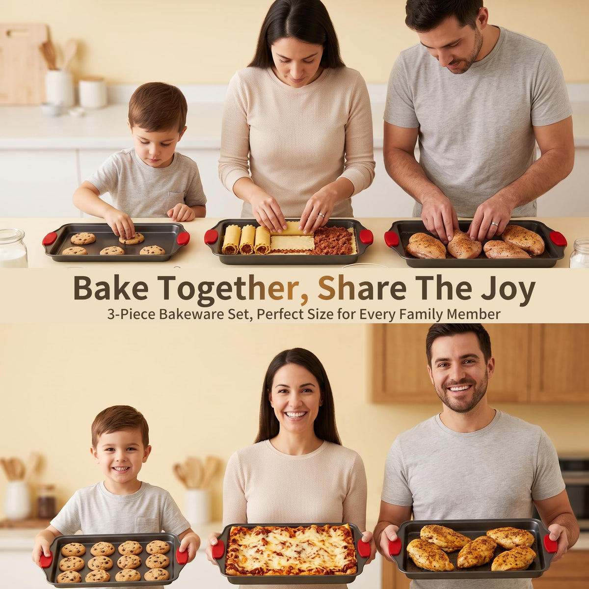 4-Piece Nonstick Carbon Steel Baking Sheet Set, Small Medium Large Rimmed Oven Pans with Red Heat-Resistant Silicone Handles & Bonus Spatula for Cookies, Cakes, Pizza & Home Baking