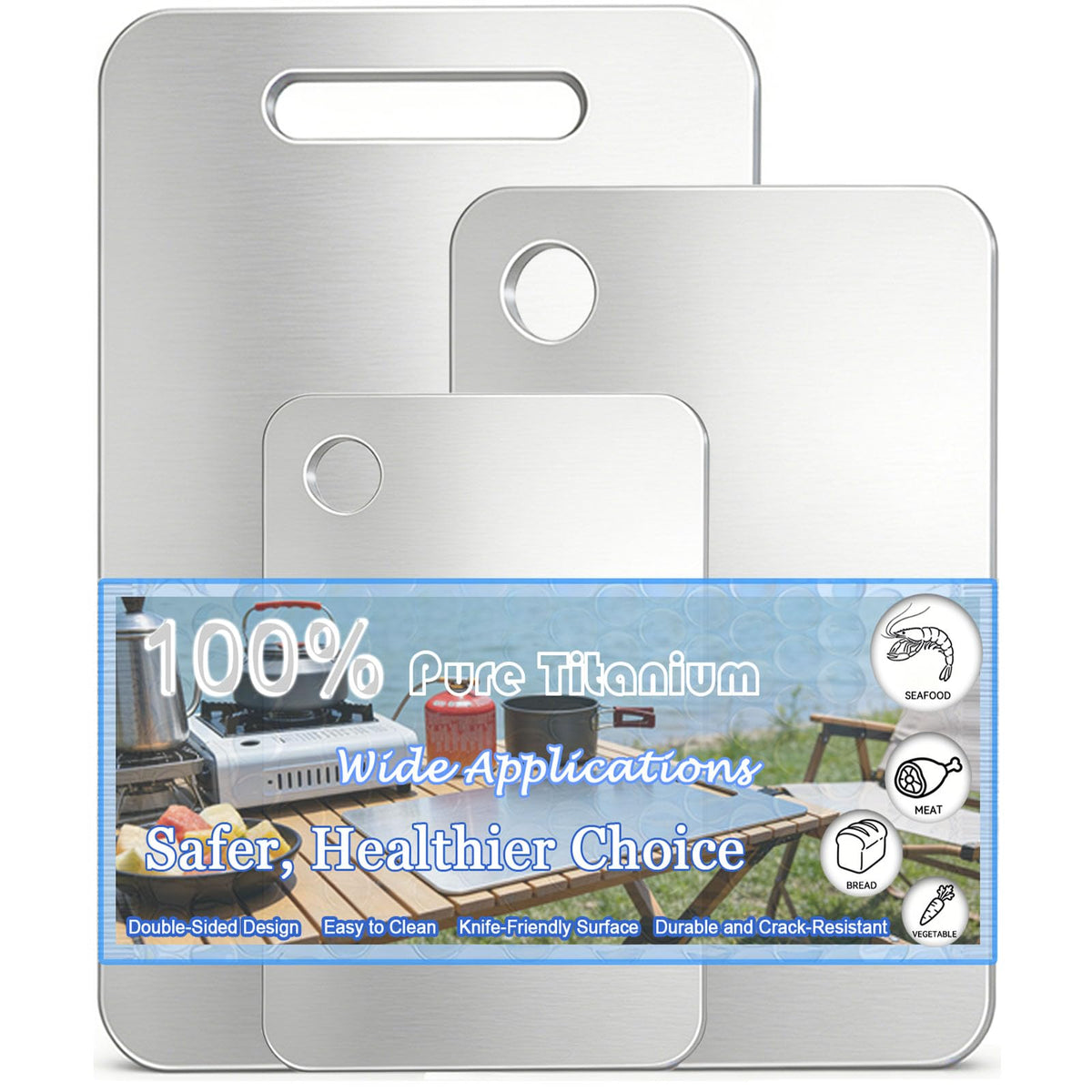 100% Pure Titanium Cutting Board Set of 3, Titanium Cutting Boards for Kitchen Dishwasher Safe, Double-Sided Small & Large Meat Metal Chopping Board for Stainless Steel & Food Prep (M+L+XL)