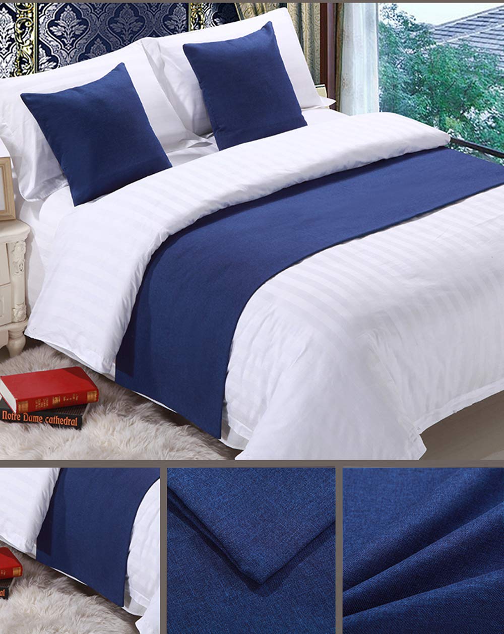 Mengersi Solid Bed Runner Scarf Protector Slipcover Bed Decorative Scarf for Bedroom Hotel Wedding Room(King, Navy)