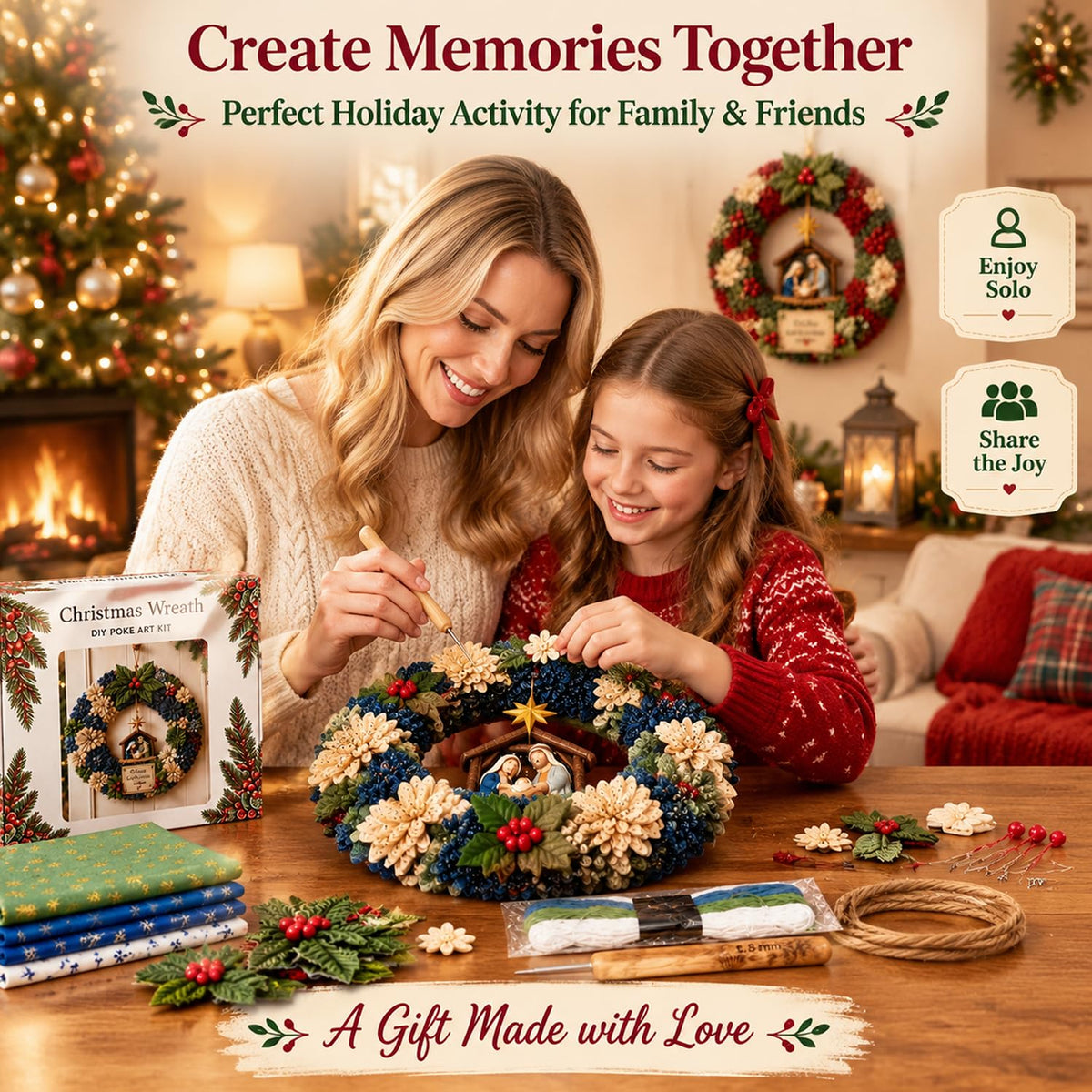 3D Fabric Poke Wreath DIY Kit for Adults, Christmas Santa No-Sew Craft | Beginner-Friendly No-Sew 3D Fabric Poke Art Kit, Festive Santa Wreath for Door Wall Window Home Christmas Decor