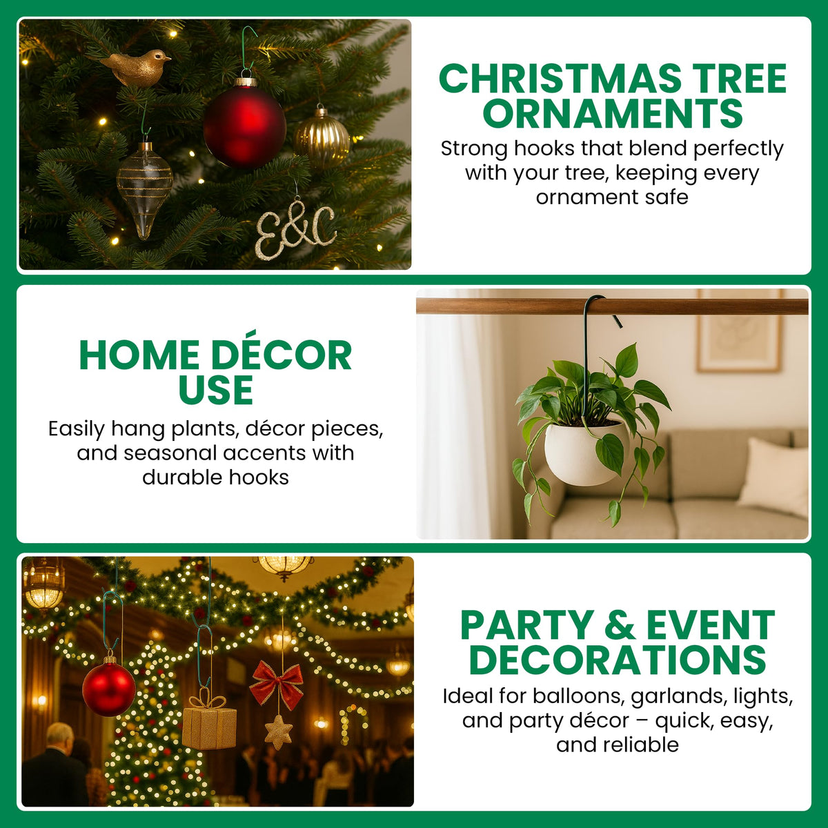 Iconikal 450 Pack Heavy Duty Green Christmas Tree Ornament Hooks 1.4 & 2.5"
