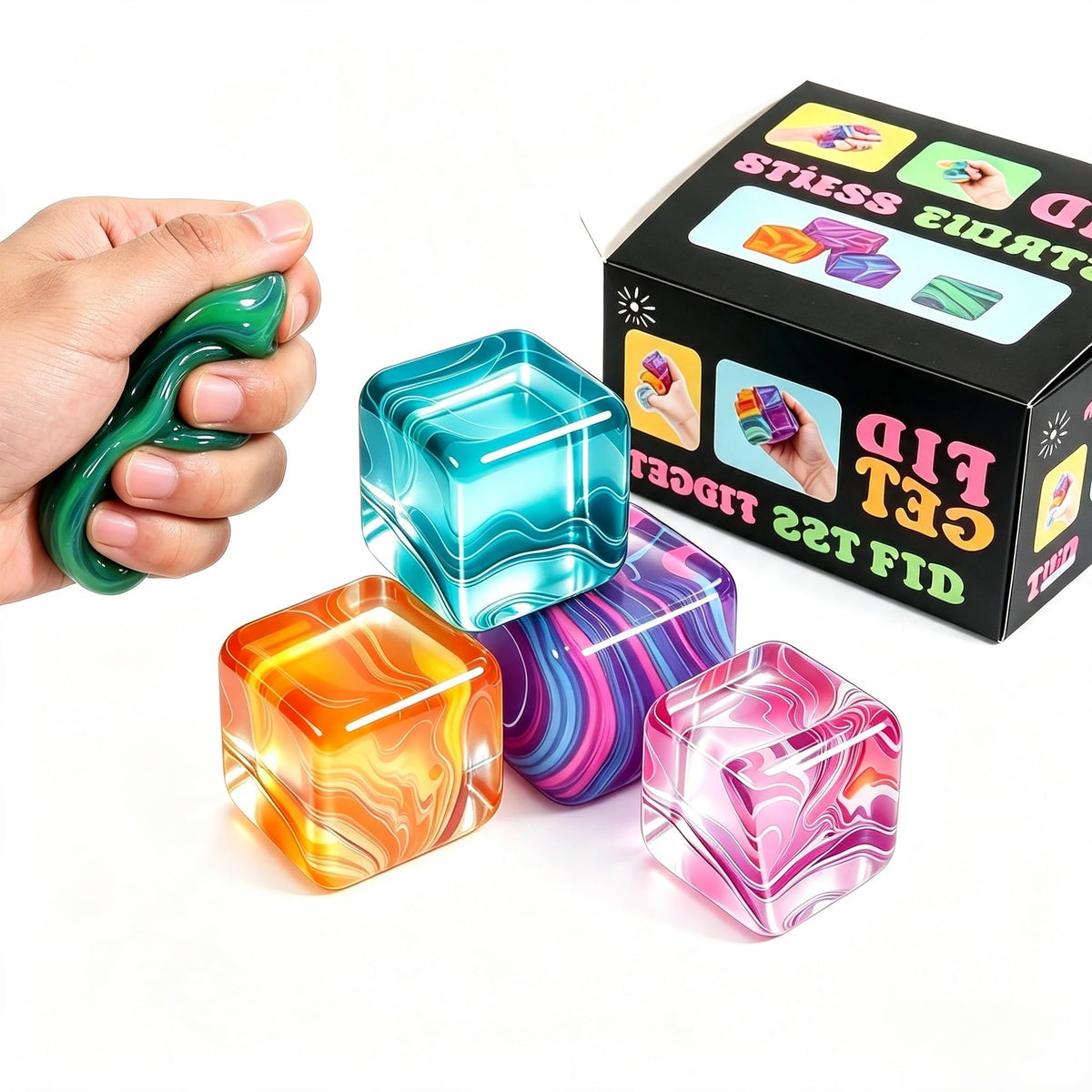 4Pack Fidget Toys Mini Squishy Stress Cube, Stress Balls for Kids, Adults Squishies Anxiety Stress Relief, Squishy Cube Sugar Balls, Sensory Toys for Kids with Autism, Fidgets for Classroom Prize